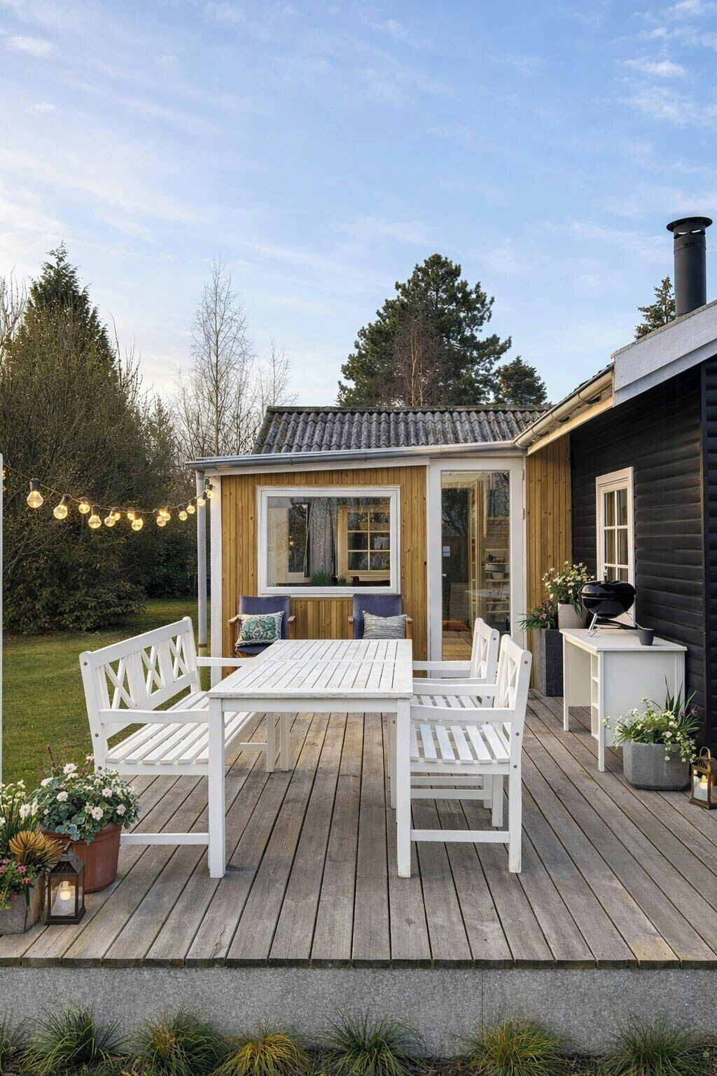 Ett trädäck med ett vitt bord och bänkar, en pergola med ljusslingor och en grillplats.