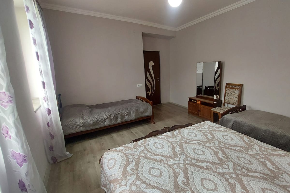 Un dormitorio con dos camas individuales, un aparador de madera, un espejo y una puerta con diseño decorativo.