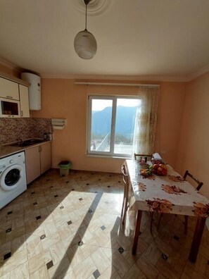 A compact kitchen with a washing machine, a dining table with chairs, a window with a view, and a hanging light fixture.