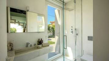 A modern bathroom with a glass shower enclosure, a large mirror, and a built-in sink.