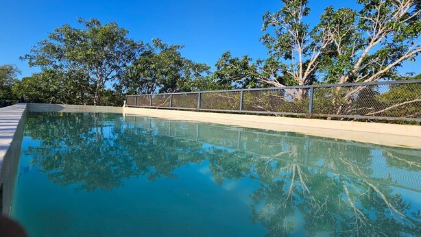 Una piscina con superficie de agua azul cristalina, rodeada de árboles y una valla de metal.