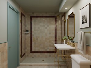 Shower, hair dryer, slippers, towels - Hotel Margot (Pensacola)