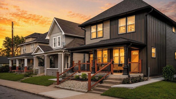 A two-story house with a porch, a staircase, and a driveway. - Luxurious, Modern Duplex | 6 Bedrooms! Sleeps 12+ (Indianapolis)