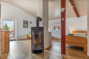 A room with a wood-burning stove, a bed, a window, and a view of the outdoors.