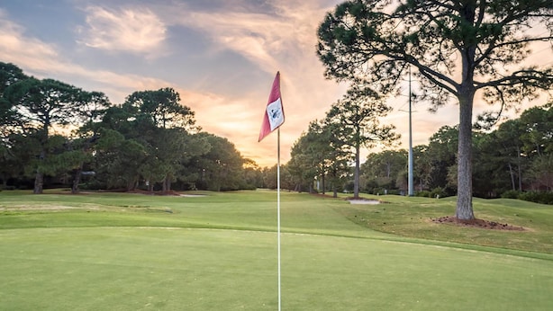 A golf course with a flag on a flagpole, surrounded by trees and a sunset in the background. - My Magnolia @ Magnolia Bay (Miramar Beach)