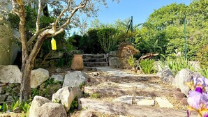 Ein Gartenweg mit Steinen, einem Baum und einem Zaun.