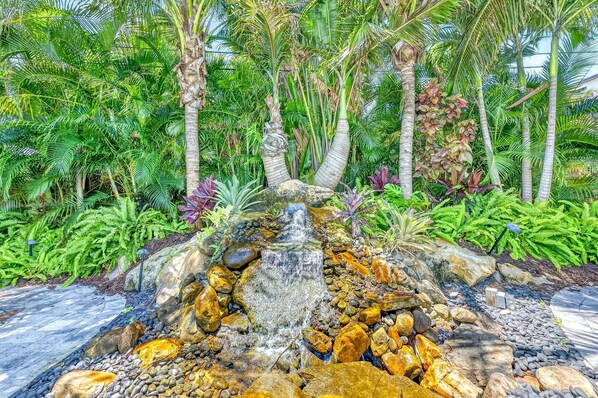 Un jardín con una cascada pequeña, palmeras y diversas plantas tropicales.