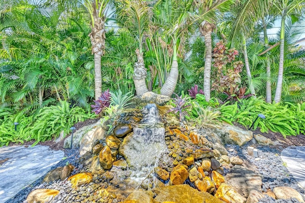 Un jardin agrémenté d’une petite cascade, de palmiers et de diverses plantes tropicales.