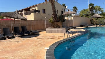 A swimming pool with lounge chairs and a palm tree.