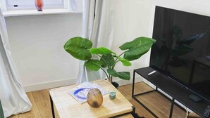 A room with a wooden table, a TV, a plant, and a window with curtains. - Beautiful refurbished cozy apartment (Nice)