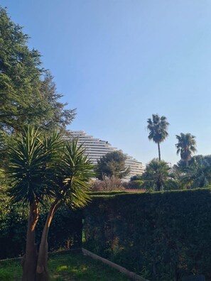 Ein Gebäude im modernen Stil, umgeben von viel Grün und Palmen.