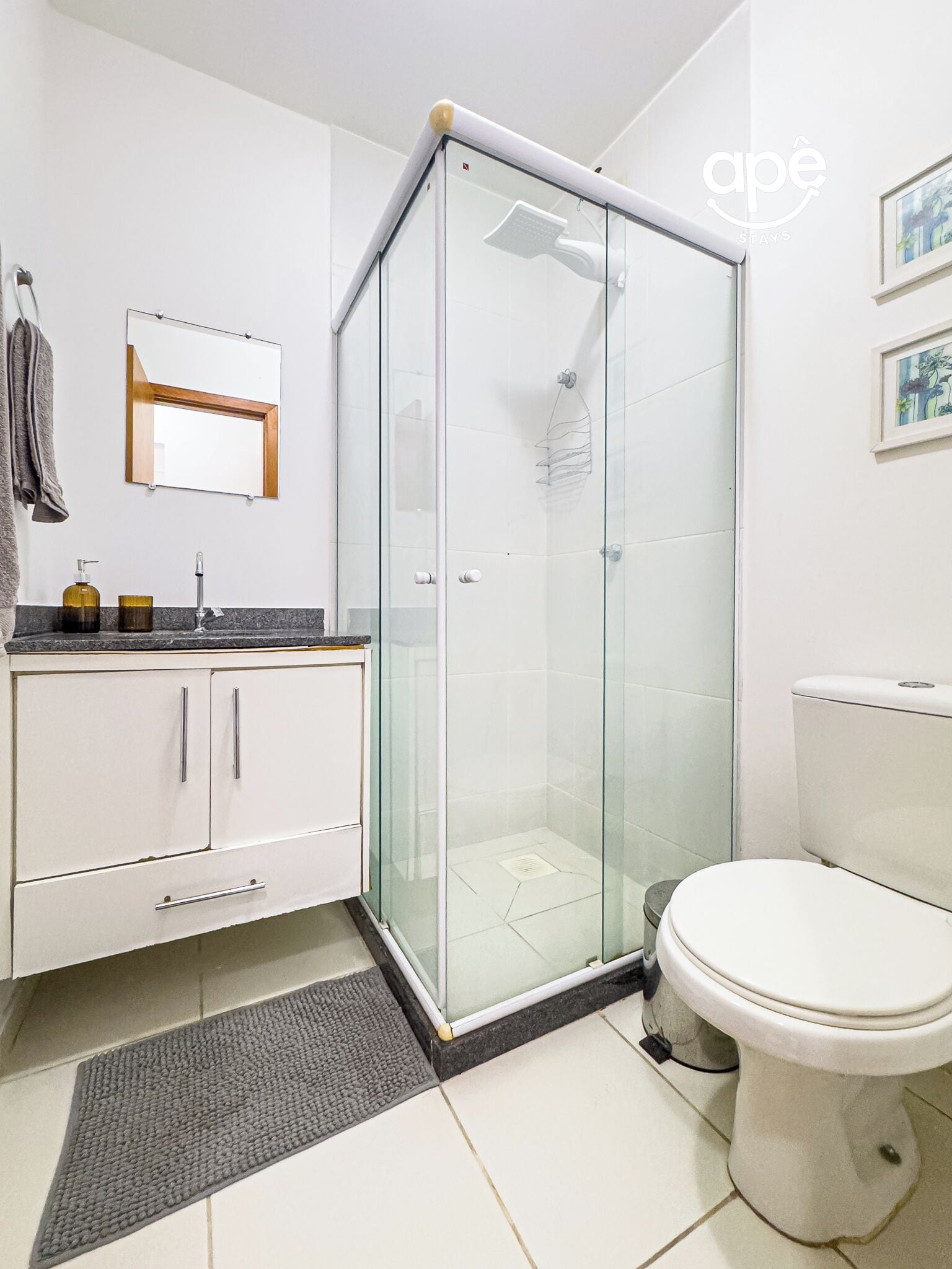 Apartamento básico | Banheiro | Chuveiro, toalhas de banho, papel higiênico 
