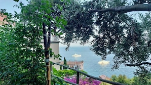 Ein Garten mit Tomatenpflanzen, einem Holzzaun und Blick auf das Meer mit Booten.