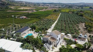 Vue aérienne d’un vignoble avec des rangées de vignes, une piscine et un bâtiment doté d’un toit en tuiles.