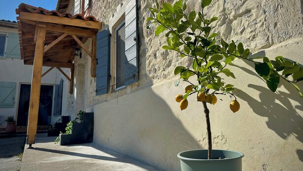 A building with a stone facade, a wooden pergola, and a potted lemon tree. - Villa with Pyrenees view near Foix (Cassagne)