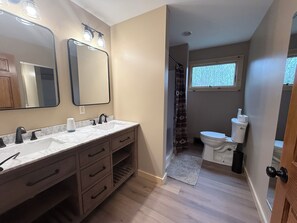 Dusche, Haartrockner, Seife, Toilettenpapier