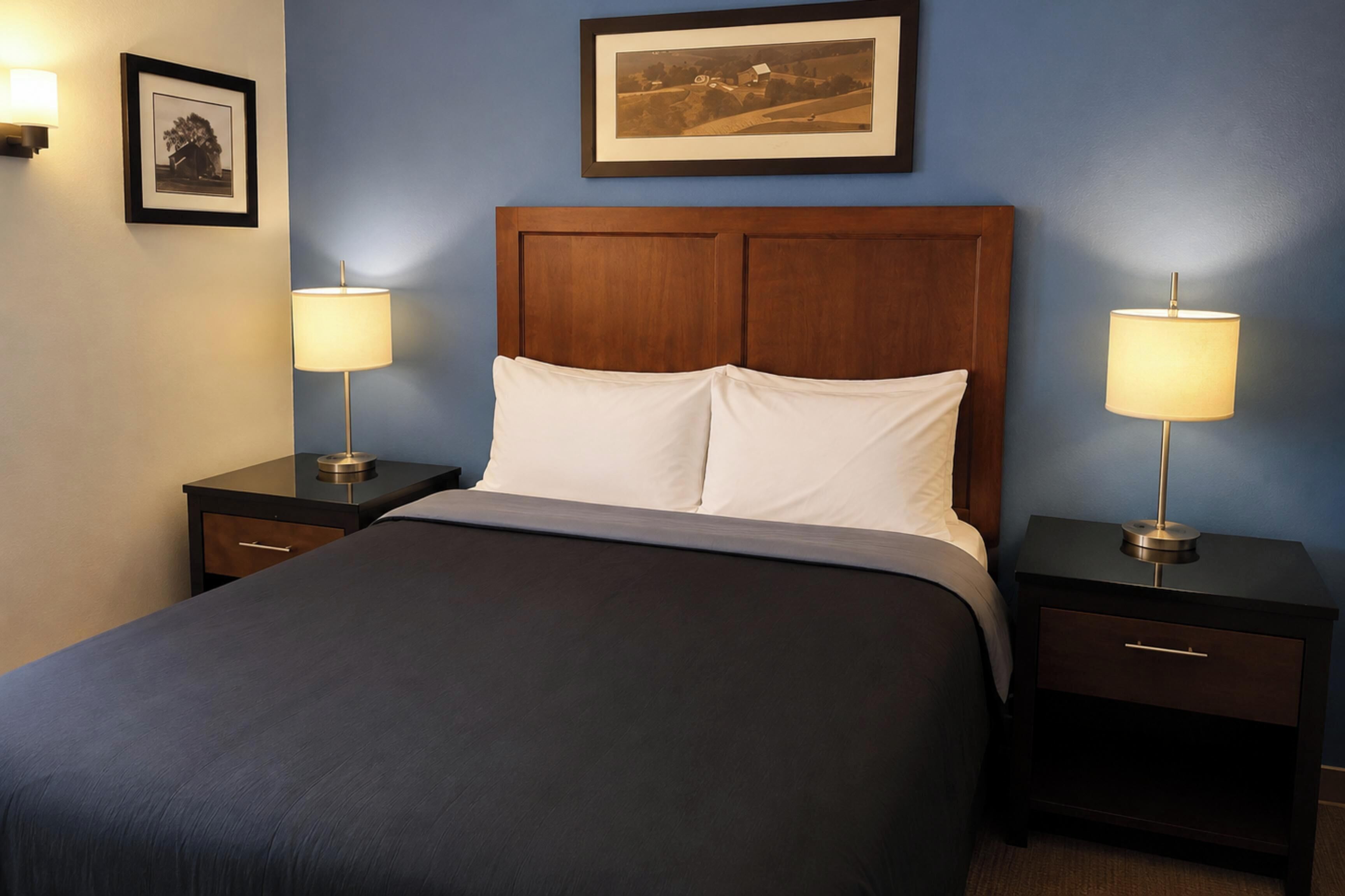 A neatly made bed with a dark-colored bedspread and two bedside tables with lamps, set against a blue wall with framed pictures above.