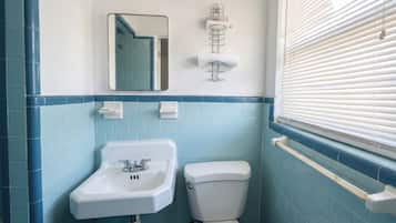 A bathroom with a white sink, a toilet, and a mirror.