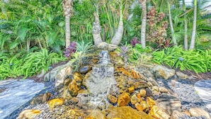 Un jardín con una cascada pequeña, palmeras y diversas plantas tropicales.
