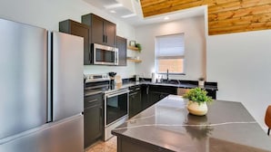 A modern kitchen with stainless steel appliances, black cabinetry, and a wooden ceiling. - New Modern Cabin with Pool, Sauna, and Cold Plunge (Garland County)