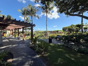 Ein Garten mit Palmen, einer Pergola und einem Weg, der zu einem Gebäude führt.
