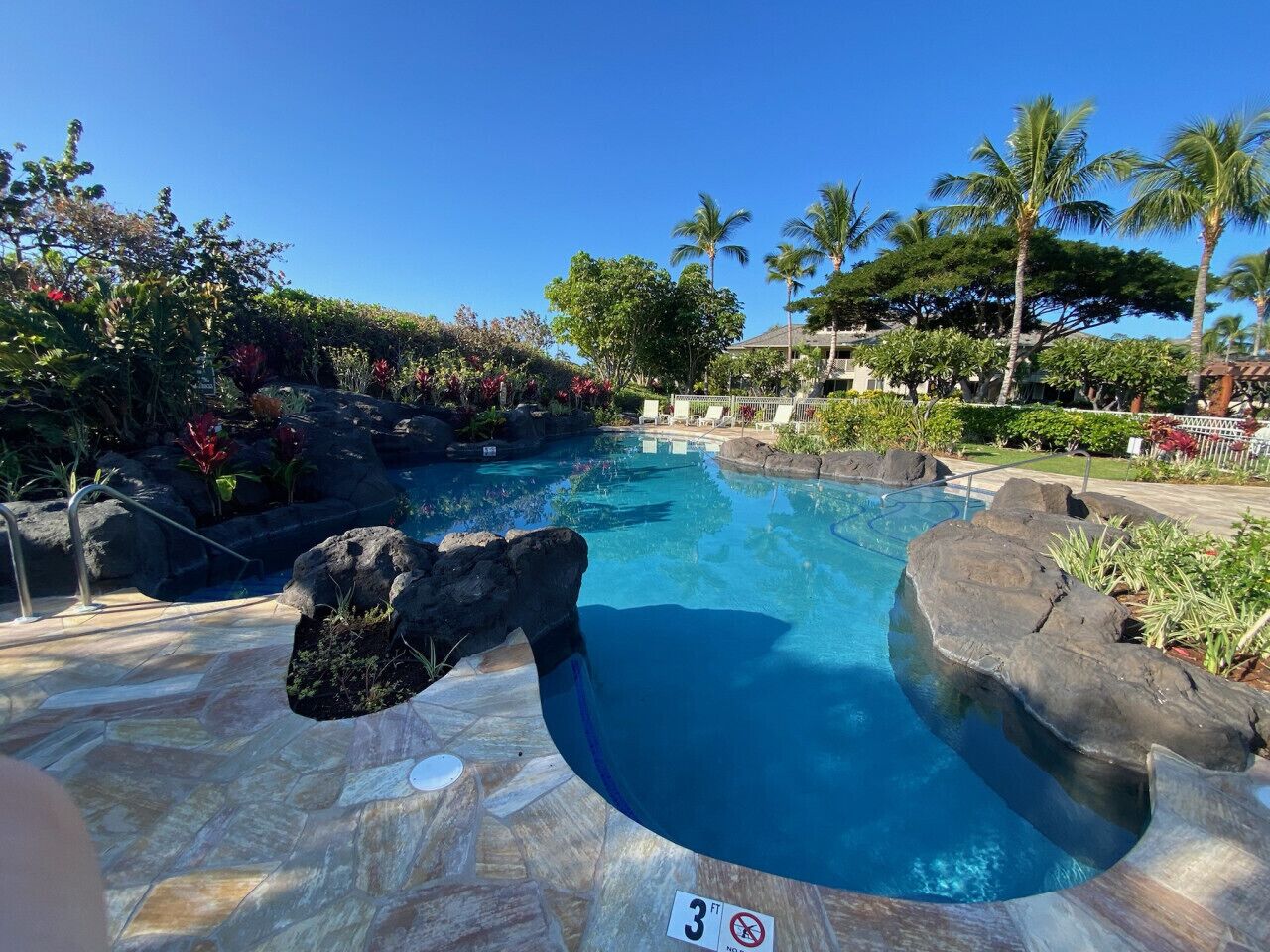 A pool with a rock feature, clear blue water, and a tropical garden setting.