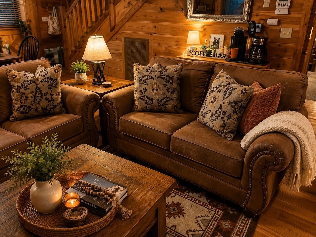 Una sala de estar acogedora con un sofá de cuero marrón, cojines estampados, una mesa de centro con una planta, una lámpara y un letrero que indica barra de café.