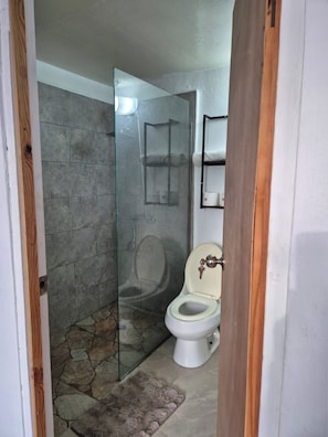 A bathroom with a glass shower enclosure, a toilet, and a stone-tiled floor. - Burwood Breeze Retreat AC + WiFi + Hot water (Retreat Heights)