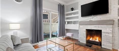 Smart TV, fireplace, books
