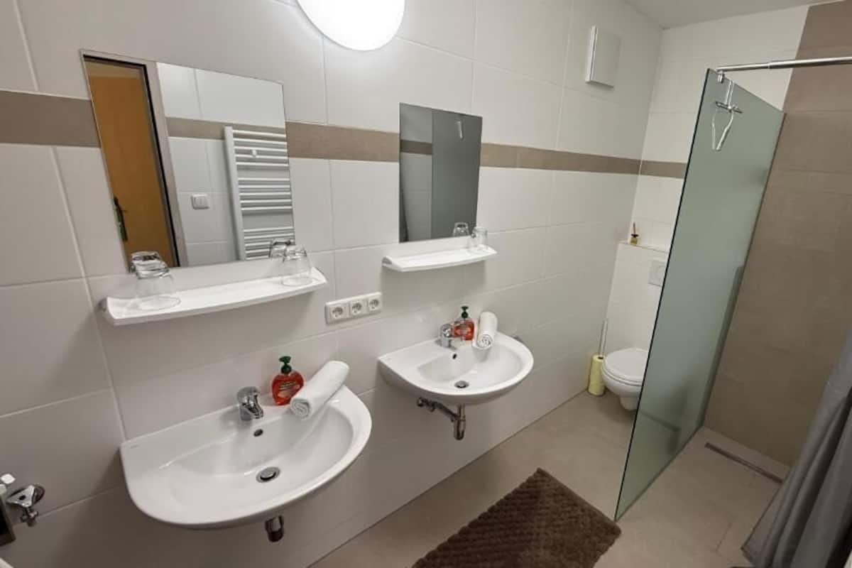 A bathroom with two sinks, a mirror, a towel rack, and a shower.