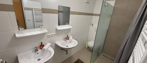 Shower, hair dryer, towels, soap