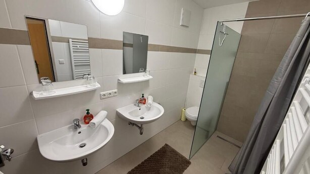 A bathroom with two sinks, a mirror, a towel rack, and a shower.