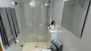 A bathroom with a glass-enclosed shower, a toilet, a sink with a mirror, and a towel rack.