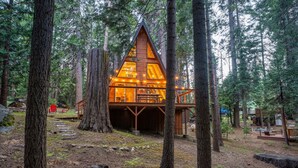 Une cabane dotée d’un toit triangulaire, entourée de grands arbres.