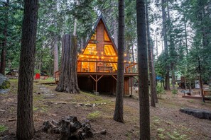 Eine Hütte mit einem Satteldach, umgeben von hohen Bäumen.