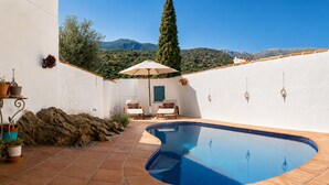 Una piscina amb un voreig de rajola, dues gandules, una planta en test i una paret de pedra.