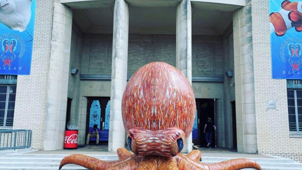Eine große Oktopus-Skulptur vor einem Gebäude mit Säulen und Wimpeln.