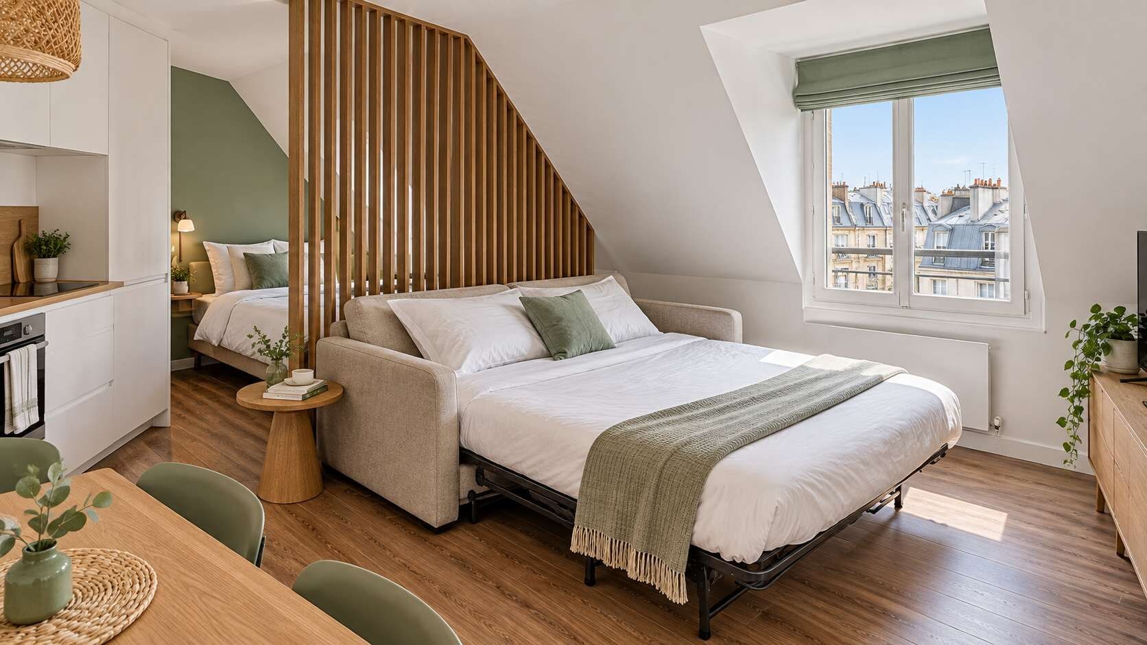 A modern bedroom with a loft-style bed, a dining area, and a view of the city.
