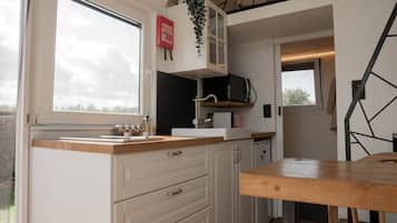 Eine moderne Küche mit Fenster, Holzarbeitsplatte, Schränken und einer hängenden Pflanze.
