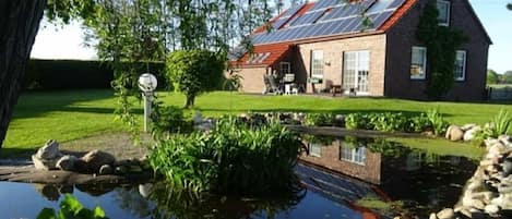 A house with a solar panel roof, a pond with rocks, and a grassy yard.