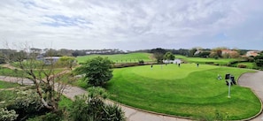 Un parcours de golf avec un terrain verdoyant bien entretenu, un étang et quelques arbres dispersés.