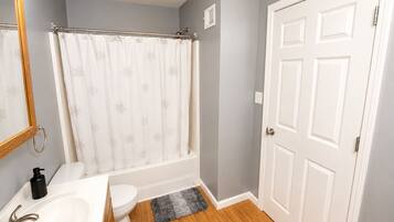 Hair dryer, towels, soap, shampoo