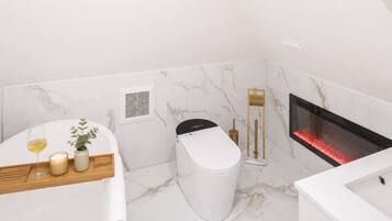 Shower, hair dryer, shampoo