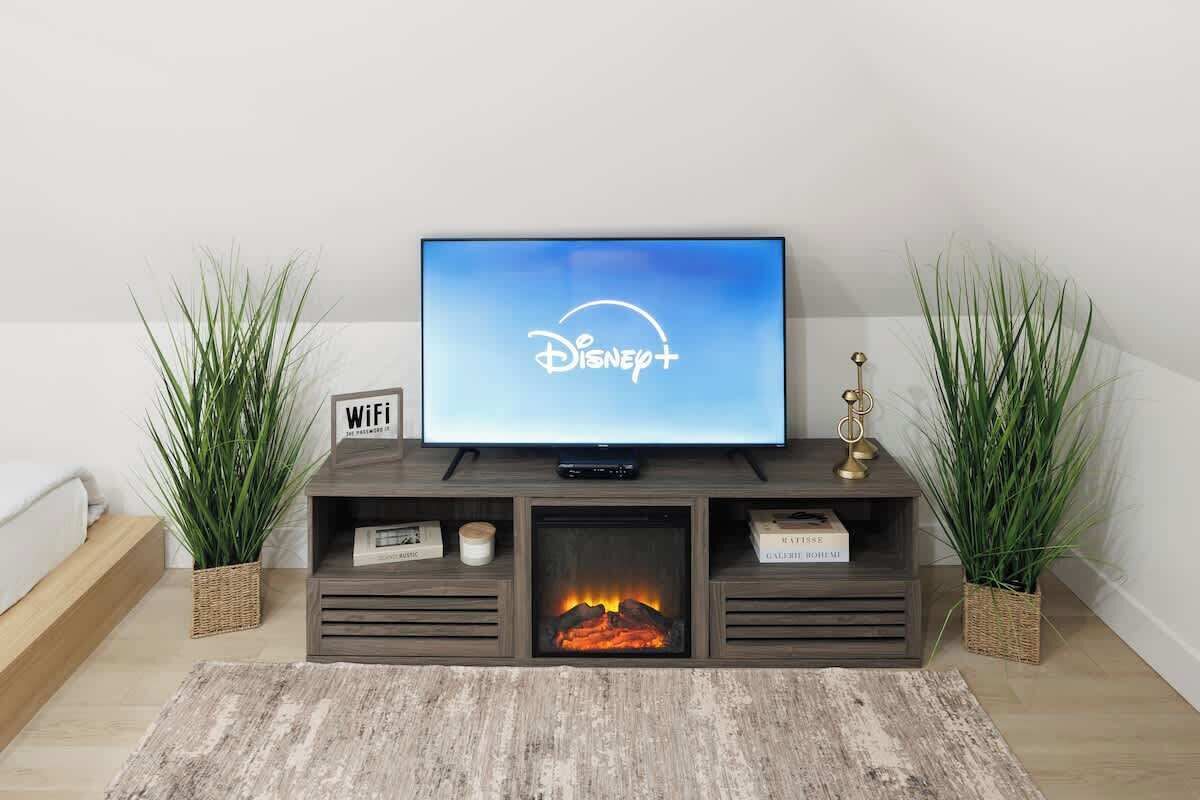 A modern living room with a flat-screen TV displaying the Disney+ logo, a fireplace, and two potted plants.