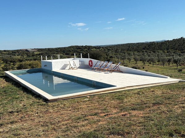 Une piscine dotée d’une terrasse blanche, entourée de pelouse et d’arbres, sous un ciel dégagé.