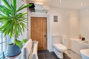 A modern bathroom with a wooden door, a white toilet, a glass shower enclosure, and a potted plant. - 1 Bed - Sleeps 4 - Parking - Pets - Town Centre (Wadebridge)