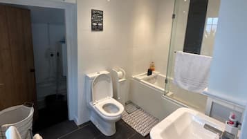 Combined shower/bathtub, deep-soaking bathtub, hair dryer, towels