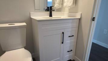 Hair dryer, towels, soap, toilet paper