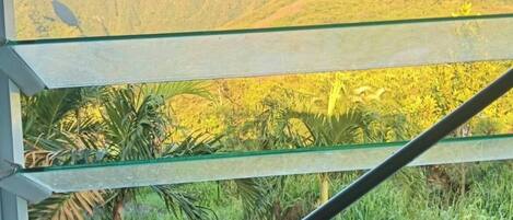 A window with a view of a mountain range and lush greenery.