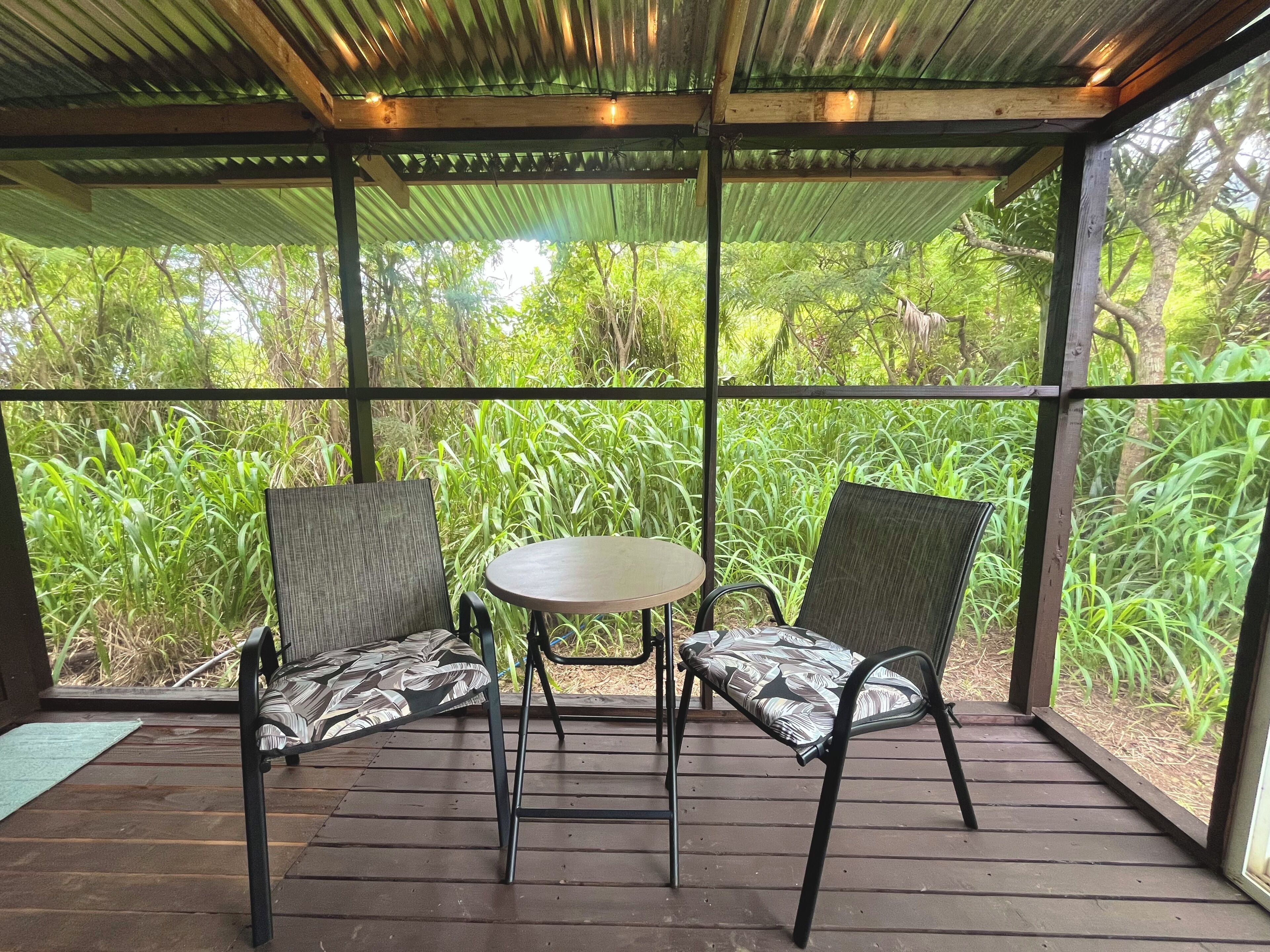 A covered outdoor seating area with two chairs and a table, surrounded by lush greenery.